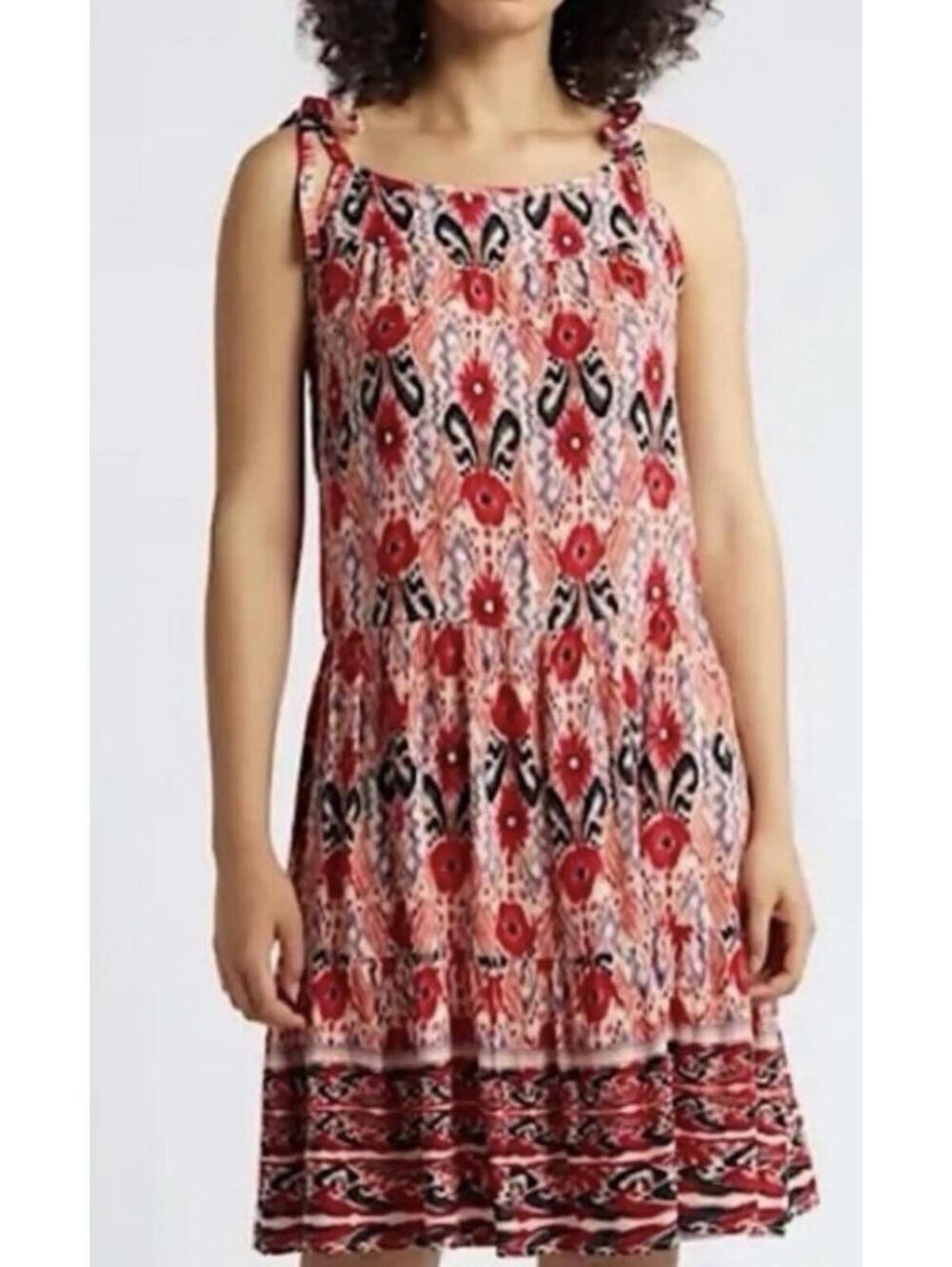 Beach Lunch Lounge Boho Tiered Midi Dress Red Floral Tie Straps Sleeveless Sz XL